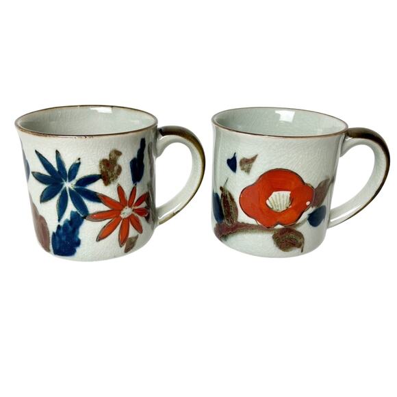 Artisan Hand Glazed Pale Blue Brown Floral Mug Set - Picture 1 of 7